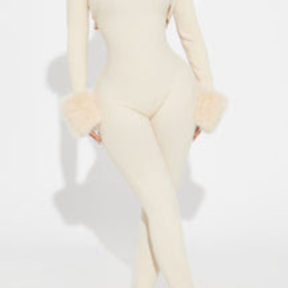 Fashion Nova Cream Bodysuit with Fur Cuffs